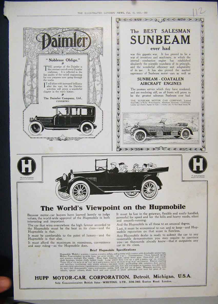 Old Vintage Print 1917 Hupp Motor Car Corporation Daimler Sunbeam Advert 20th