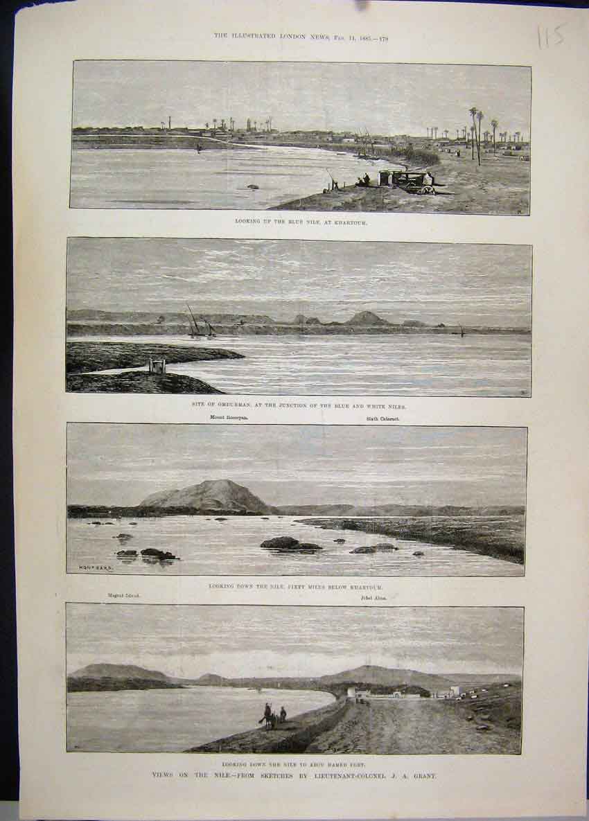 Old Antique Print 1885 River Nile Khartoum Omdurman Blue White Sketches 19th