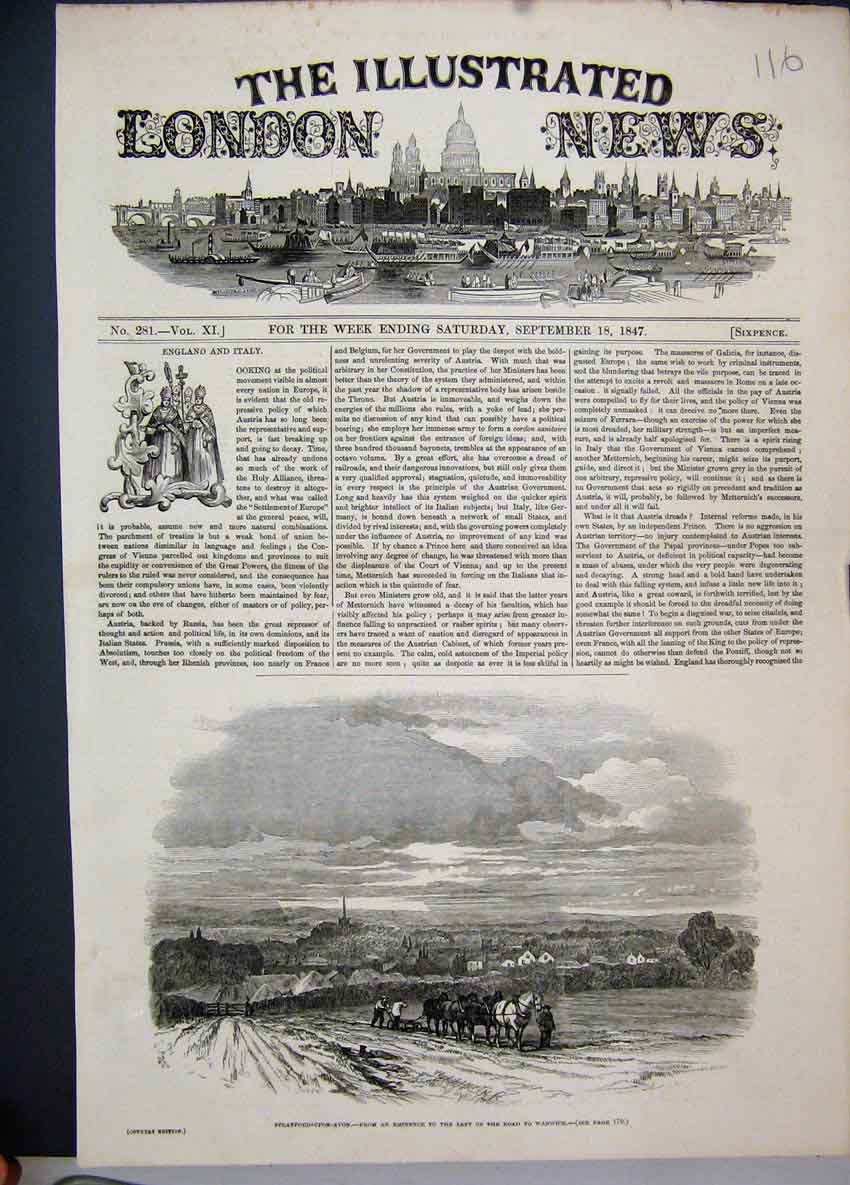 Original Old Antique Print 1847 Stratford Upon Avon Horses Ploughing Field 19th