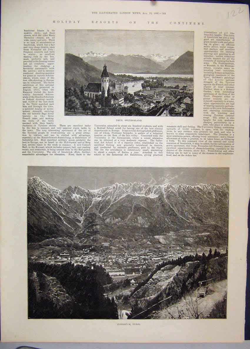 Original Old Antique Print 1886 Holiday Resorts Thun Switerland Innsbruck Tyrol