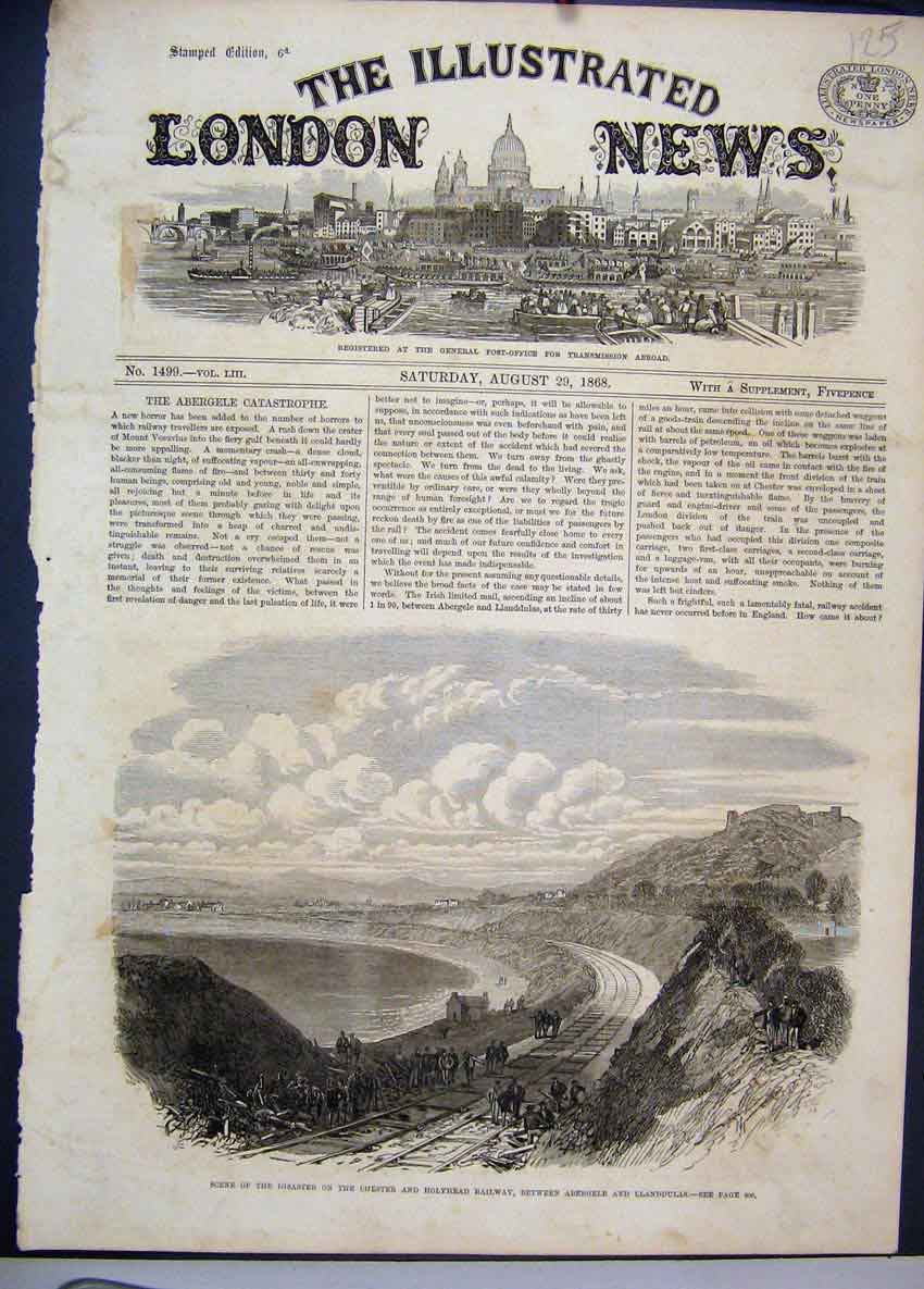 Old Antique Print 1868 Disaster Chester Holyhead Railway Abergele Trains 19th
