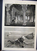 Original Old Antique Print 1876 Royal Visit India Pala Fisherman Indus Palace