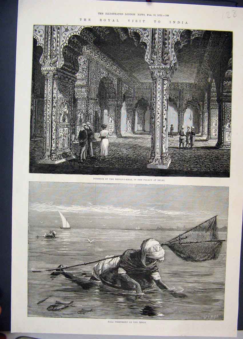 Original Old Antique Print 1876 Royal Visit India Pala Fisherman Indus Palace