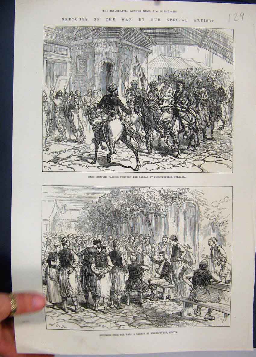 Old Antique Print 1876 War Sketches Bashi-Bazouks Bulgaria Servia Horses 19th