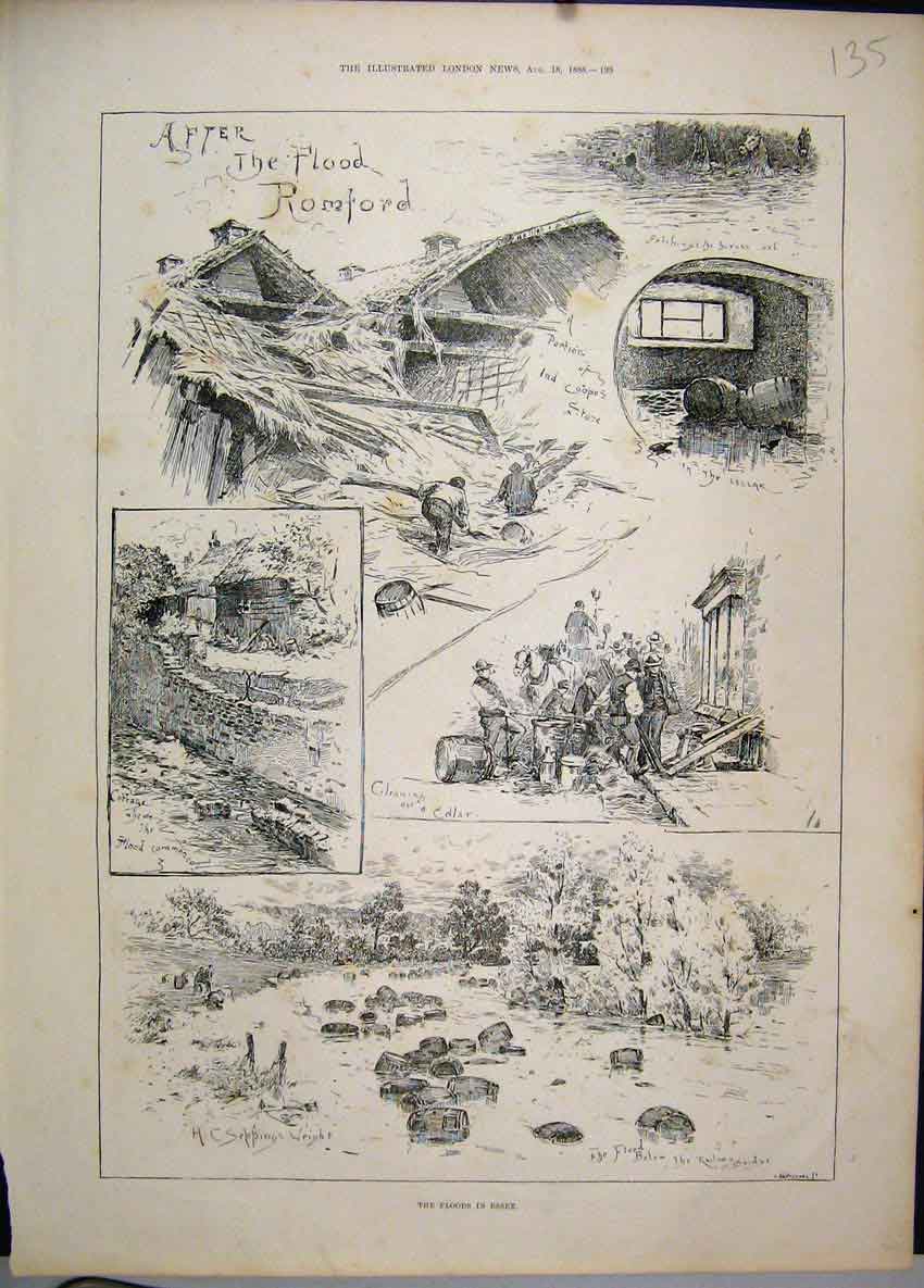Old Antique Print 1888 Floods Essex Cellar River Railway Bridge Sketches 19th