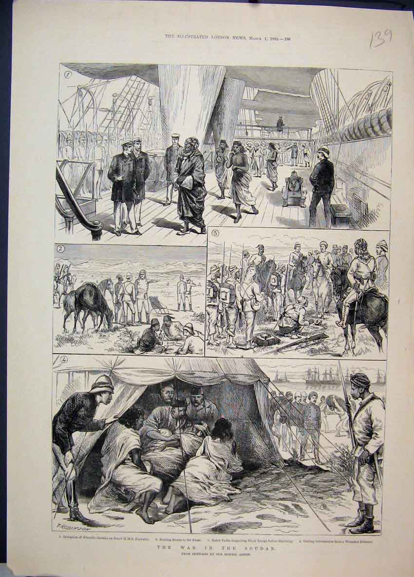 Old Antique Print 1884 War Soudan Sheikhs Euryalus Baker Pasha Sketches 19th
