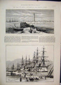 Original Old Antique Print 1882 War Egypt Port Said Suez Canal Ships Victorian