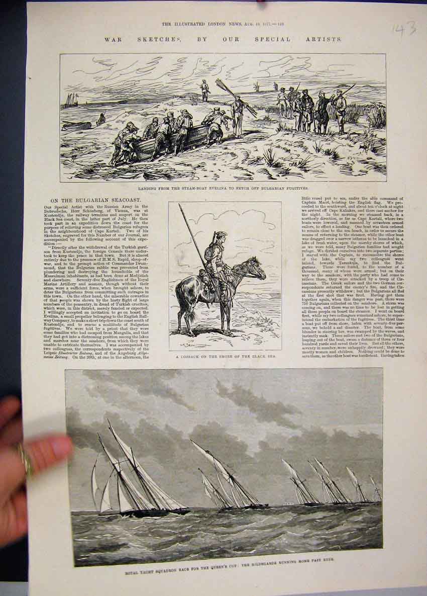 Original Old Antique Print 1877 War Steam Boat Evelina Cossack Hildegrade Ryde