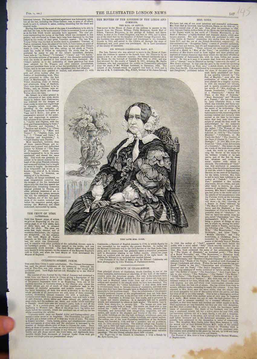 Original Old Antique Print 1861 Mrs Gore Sitting Chair Beautiful 19th