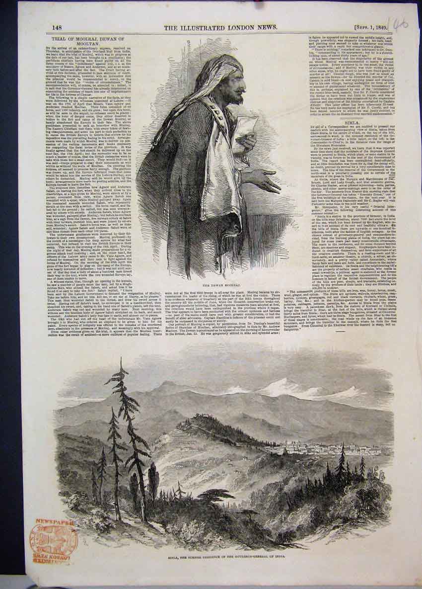 Original Old Antique Print 1849 Dewan Moolraj Simla Governor General India 19th