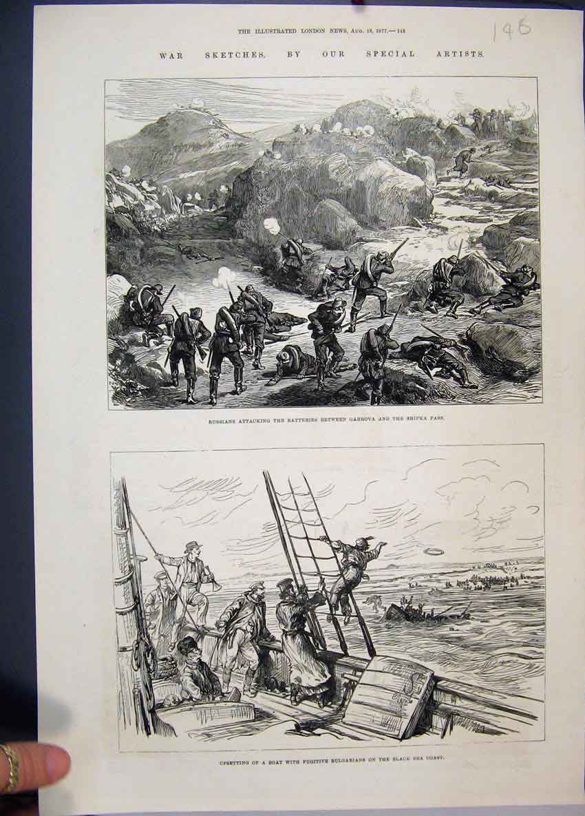 Old Antique Print 1877 War Russians Gabrova Shipka Pass Boat Bulgarians 19th