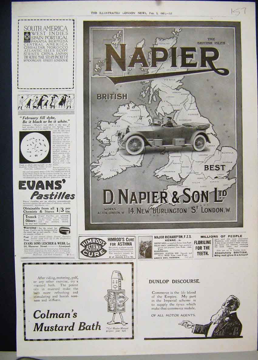 Old Vintage Print 1917 Napier Car Evan Pastille Himrod Asthma Cure Advert 20th