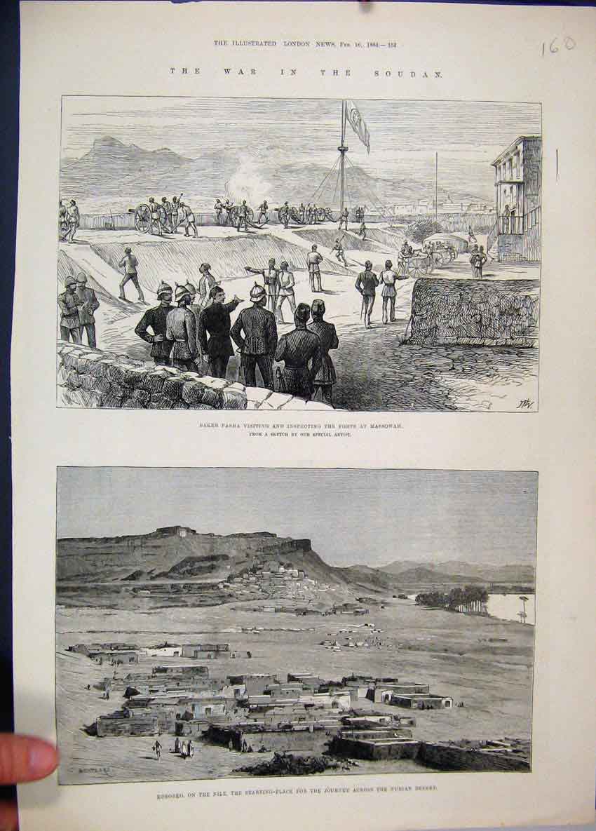 Old Antique Print 1884 War Soudan Baker Pasha Fort Massowah Korsoko Nile 19th