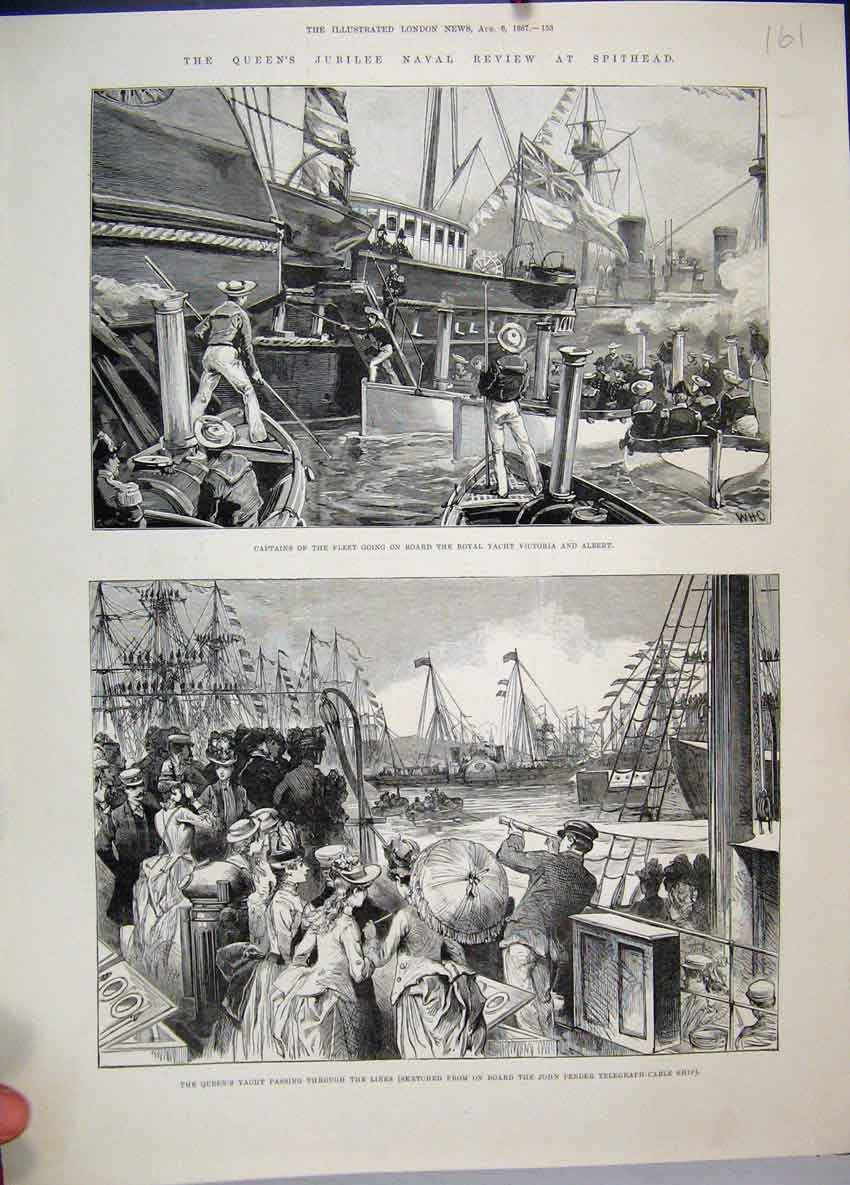 Old Antique Print 1887 Queens Jubilee Naval Review Spithead Victoria Ship 19th