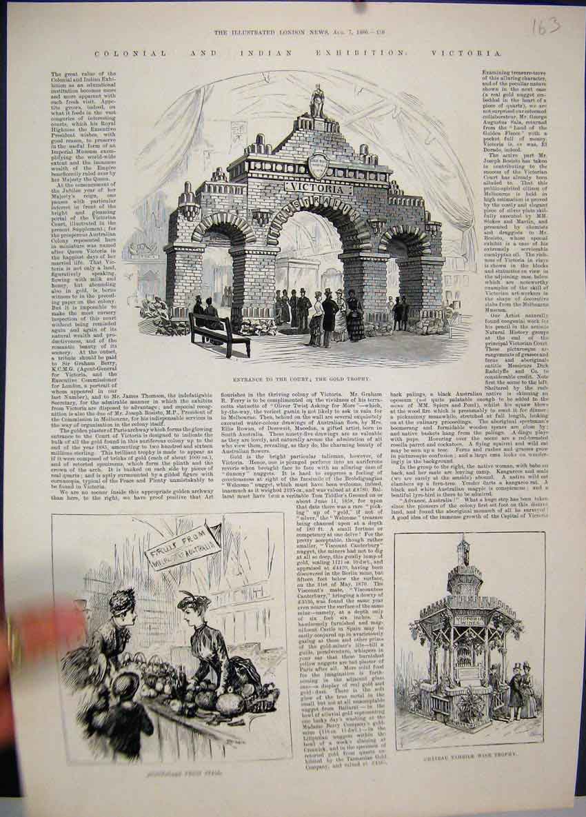 Original Old Antique Print 1886 Colonial Indian Exhibition Victoria Court Fruit