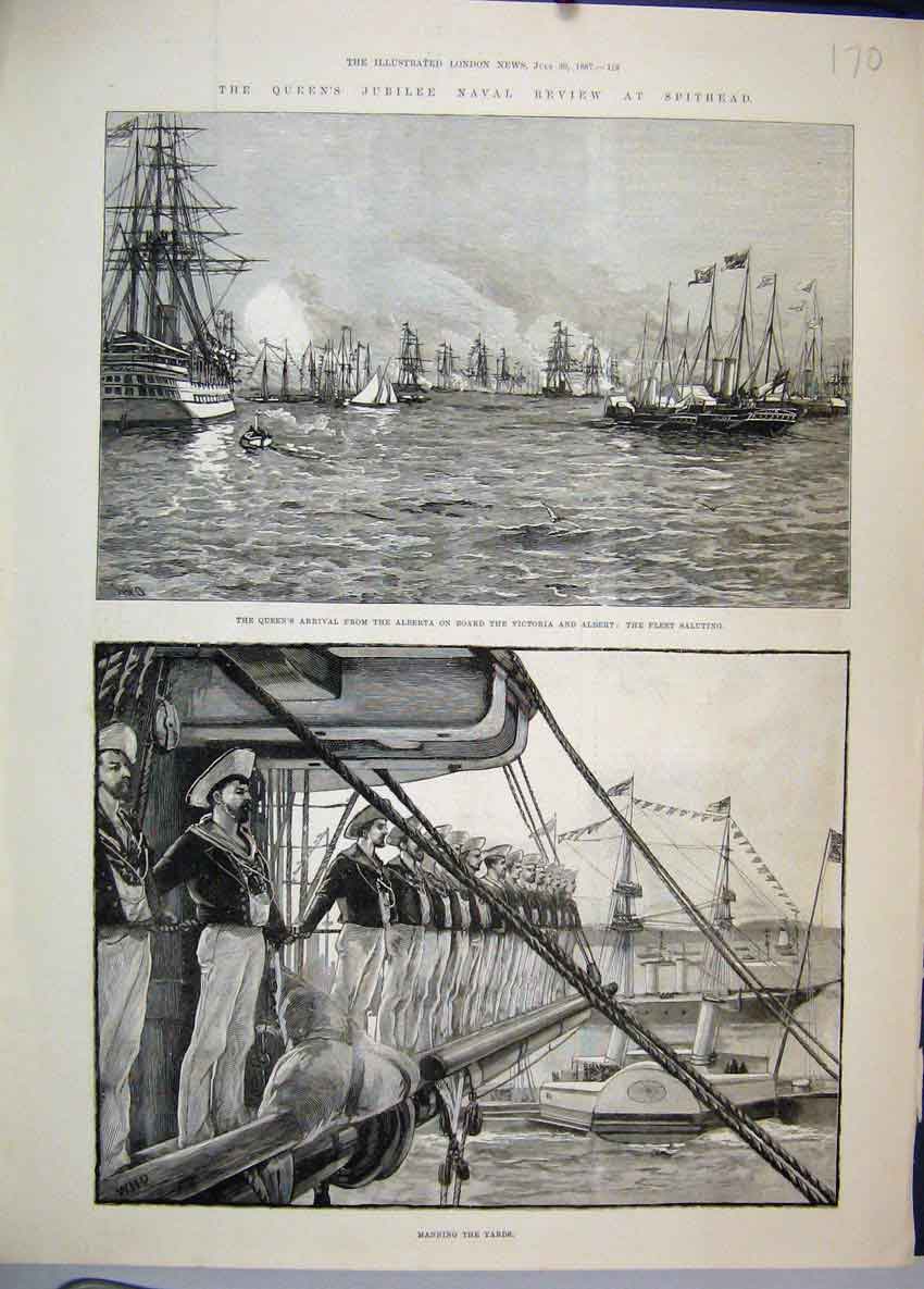 Old Antique Print 1887 Queens Jubilee Naval Review Spithead Manning Yards 19th