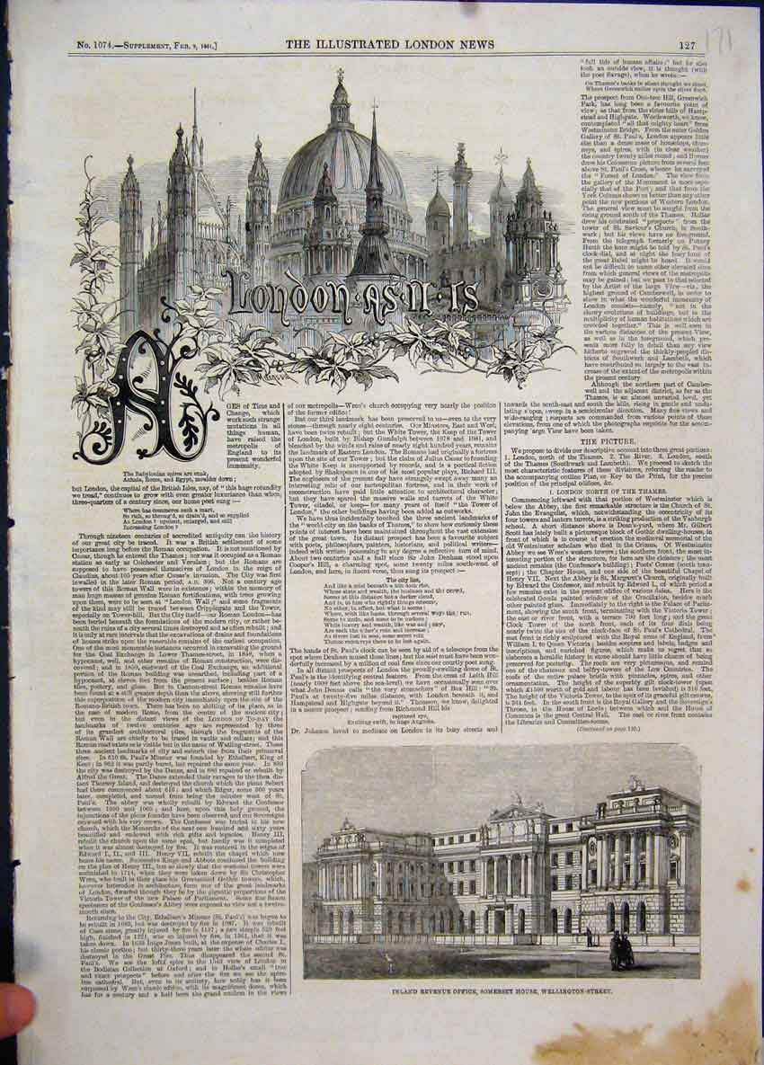 Original Old Antique Print 1861 Inland Revenue Somerset House Wellington Street