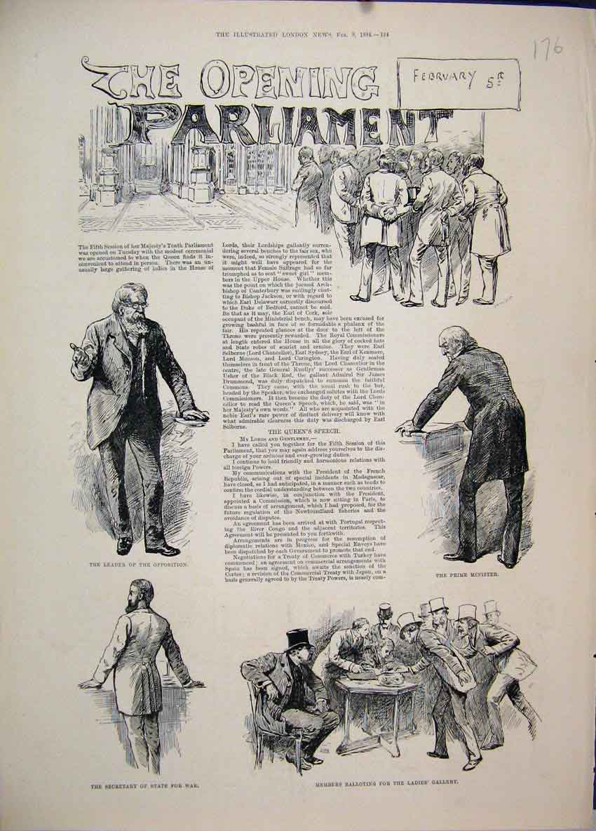 Original Old Antique Print 1884 Opening Parliament Secretary State War Minister