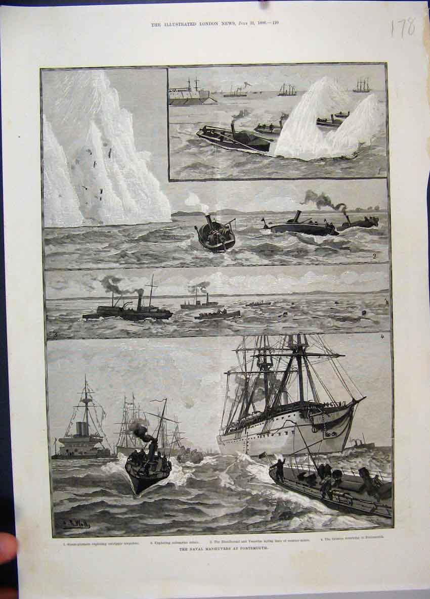 Original Old Antique Print 1886 Naval Manouvres Portsmouth Ships Orontes 19th
