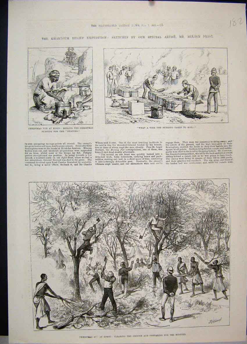 Original Old Antique Print 1885 Khartoum Relief Expedition Korti Trees Bonfire