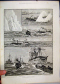 Old Antique Print 1886 Naval Manouvres Portsmouth Submarine Mines Orontes 19th