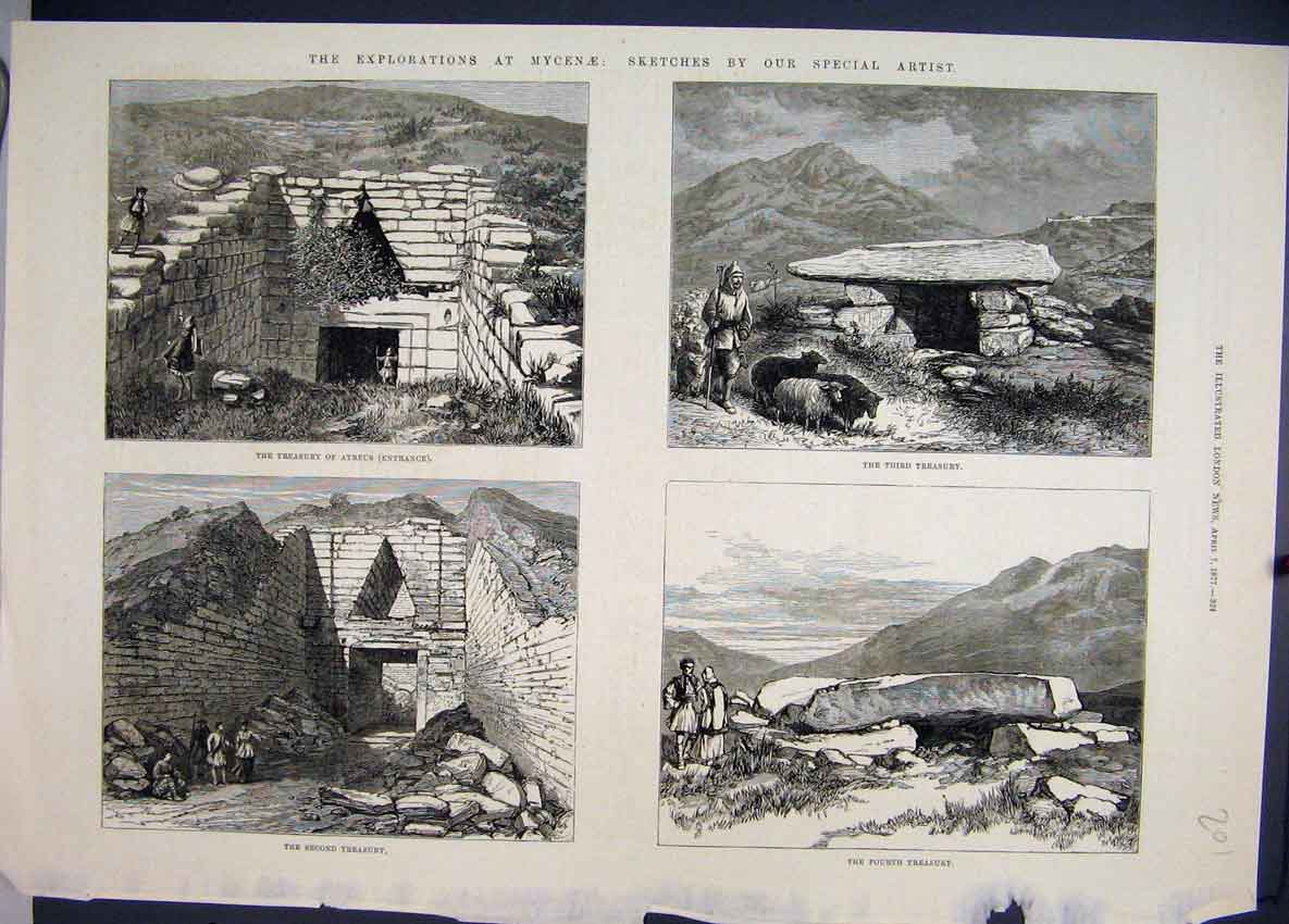 Original Old Antique Print 1877 Exploration Mycene Treasury Atreus Sketch 19th