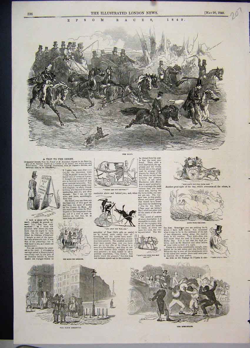 Original Old Antique Print 1849 Epsom Races Ethiopians Horses Derby Victorian