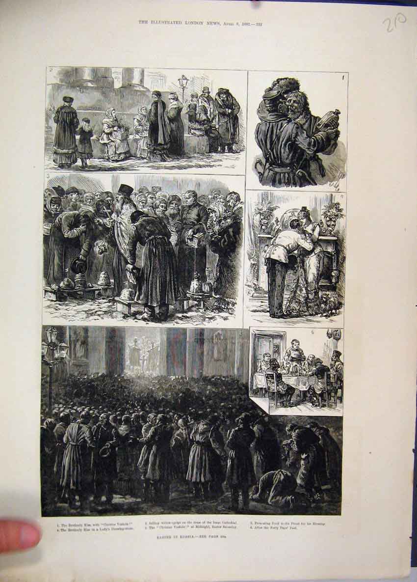 Original Old Antique Print 1882 Easter Russia Isaac Cathedral Christus Voskris