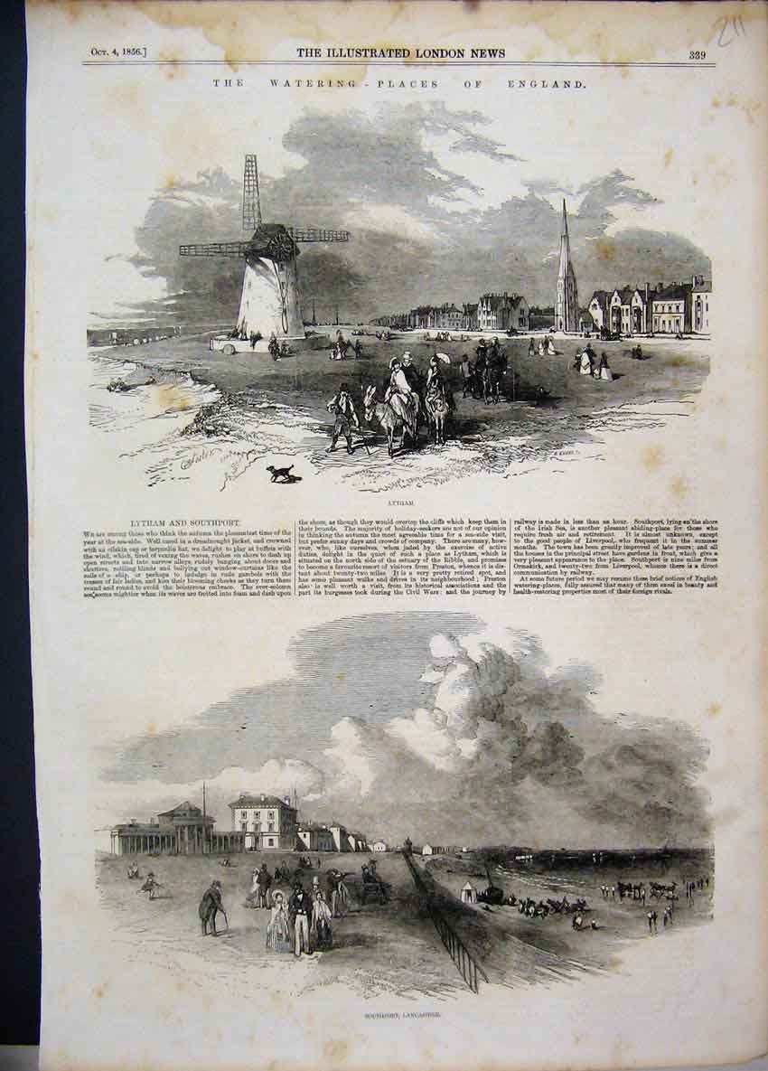 Original Old Antique Print 1856 Watering Places England Lytham Southport 19th