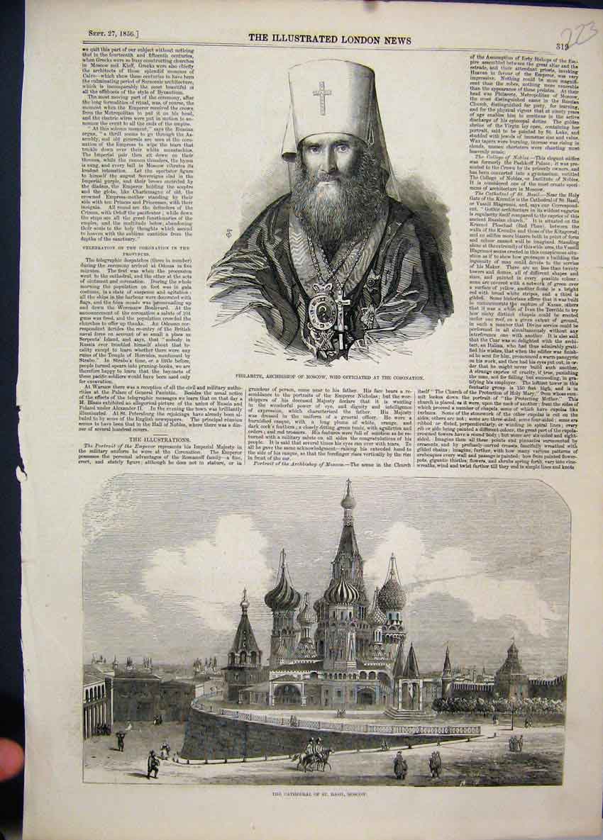 Original Old Antique Print 1856 Cathedral Basil Moscow Philarete Archbishop