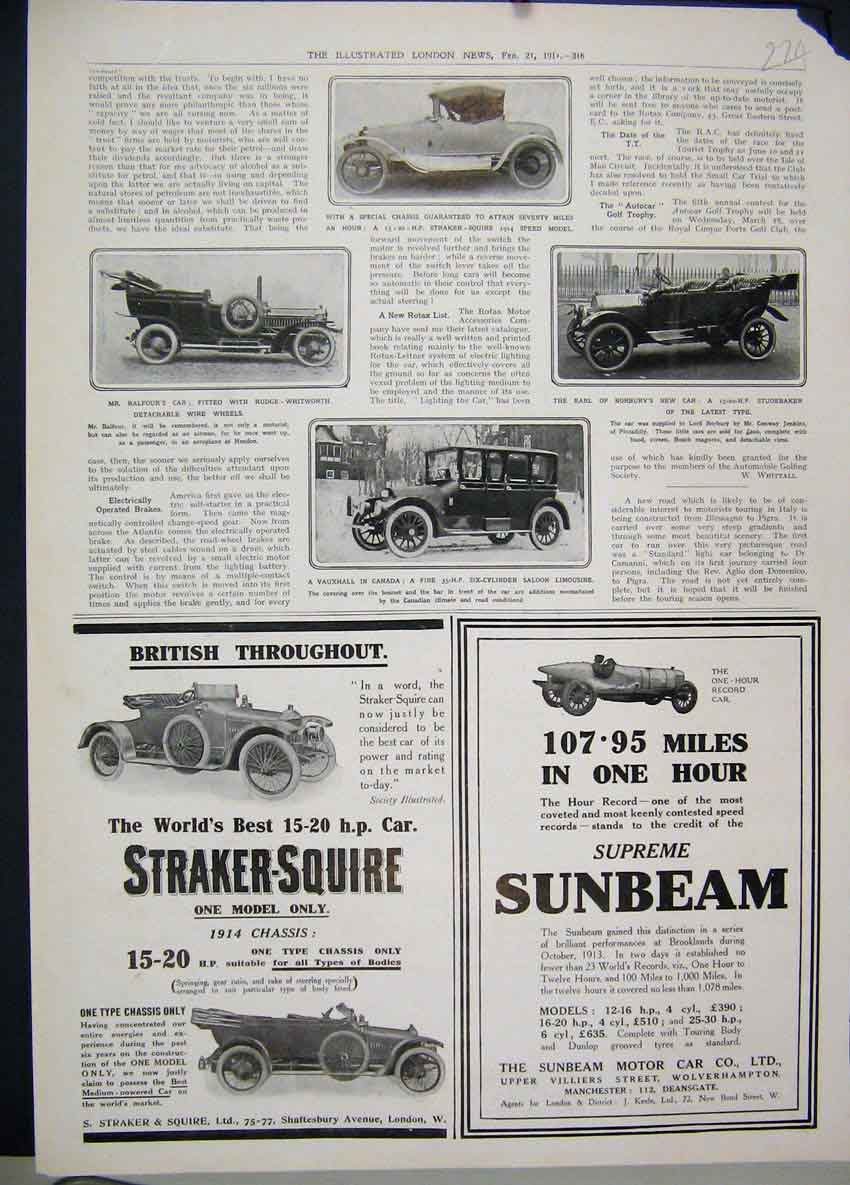 Old Antique Print 1914 Motor Car Straker Squire Sunbeam Vauxhall Advert 20th
