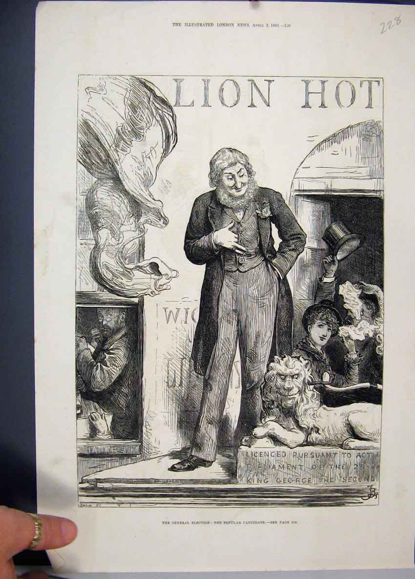 Original Old Antique Print 1880 General Election Popular Candidate Lion Statue
