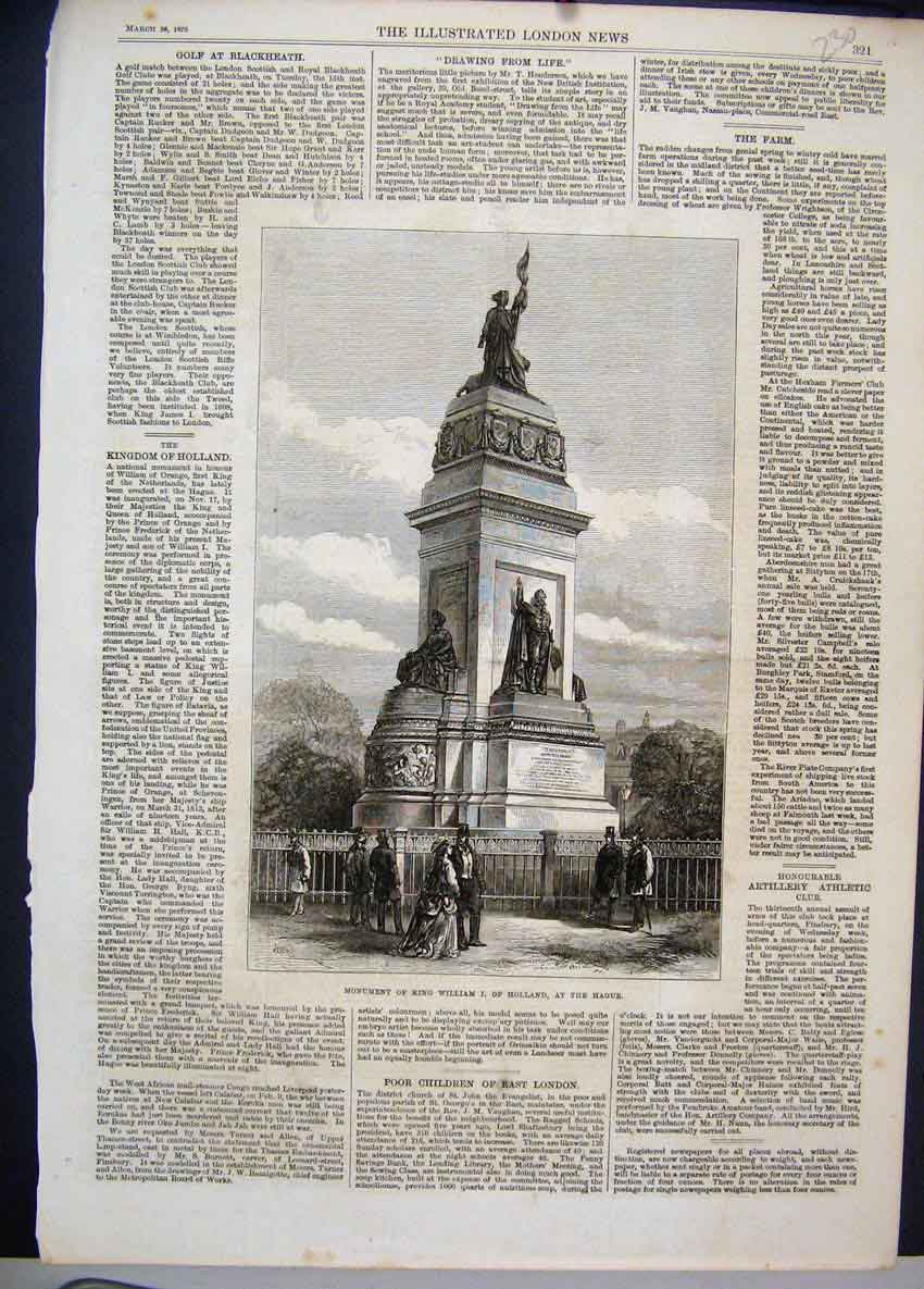 Original Old Antique Print 1870 Monument King William Holland Hague Victorian
