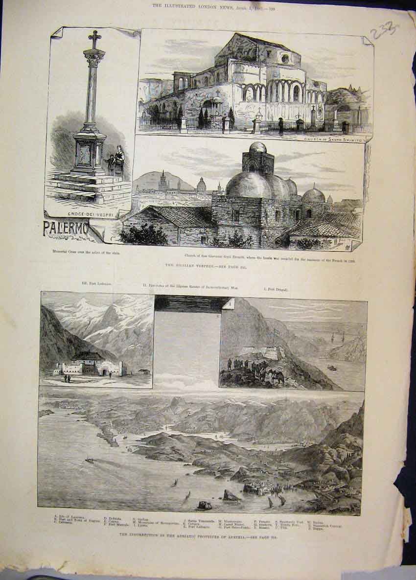 Original Old Antique Print 1882 Sicilian Vespers Church Santo Spirito Austria