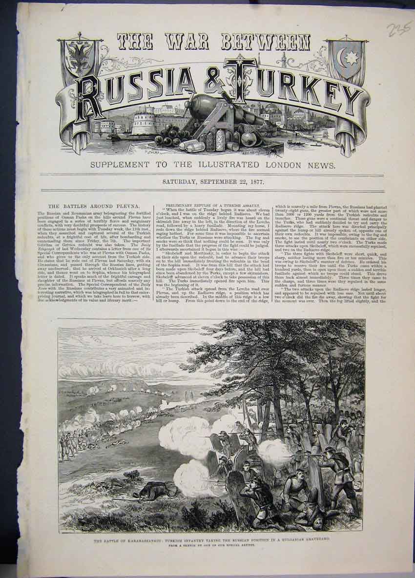 Original Old Antique Print 1877 Battle Karahassankoi Turkish Infantry Russian