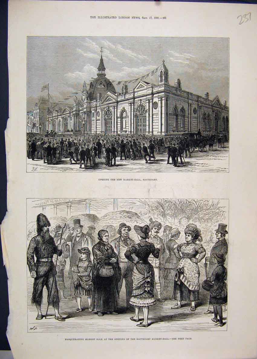 Original Old Antique Print 1881 Market Hall Southport Masquerading Market Folk