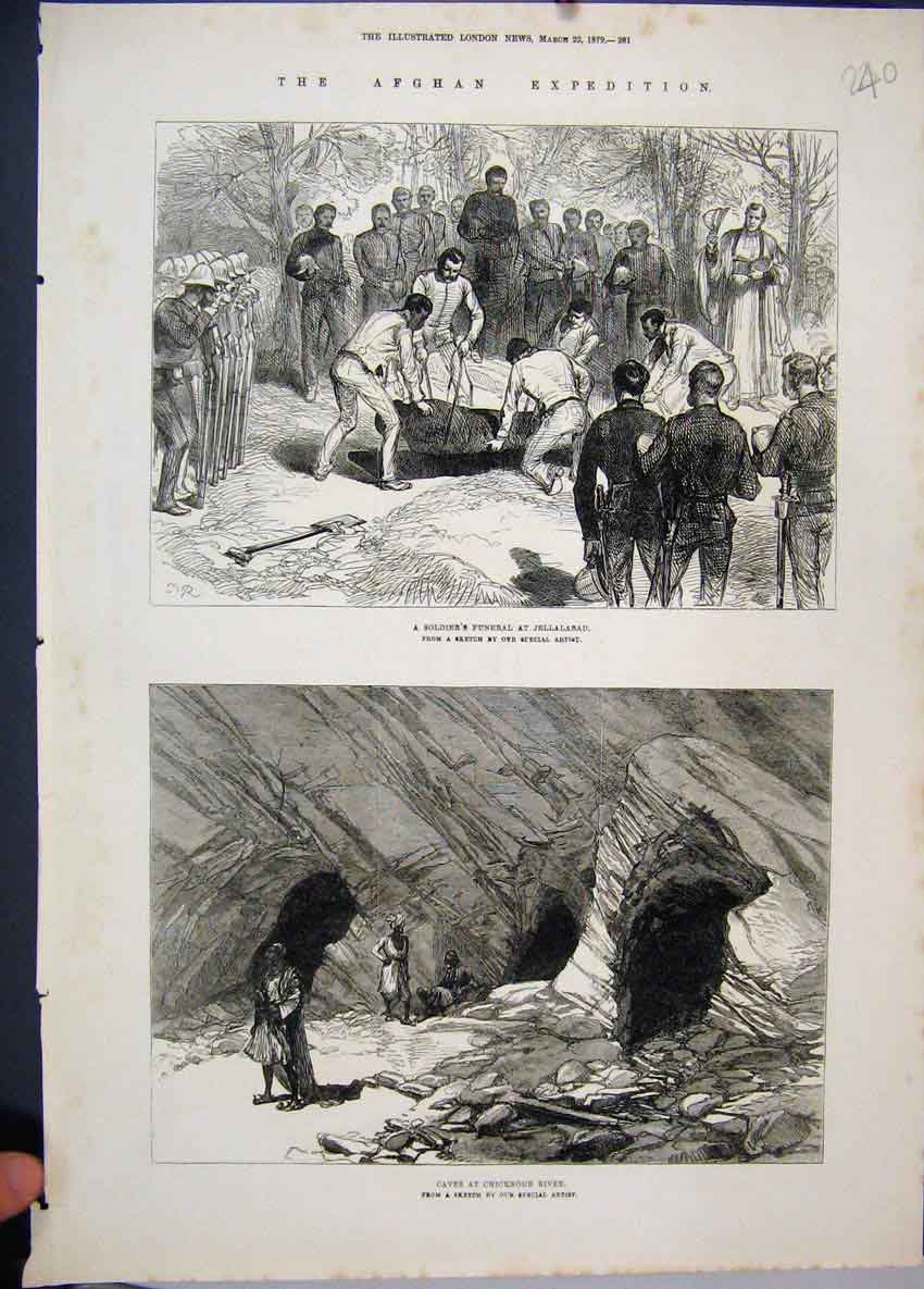 Original Old Antique Print 1879 Afghan Expedition Sier Funeral Jellalabad River