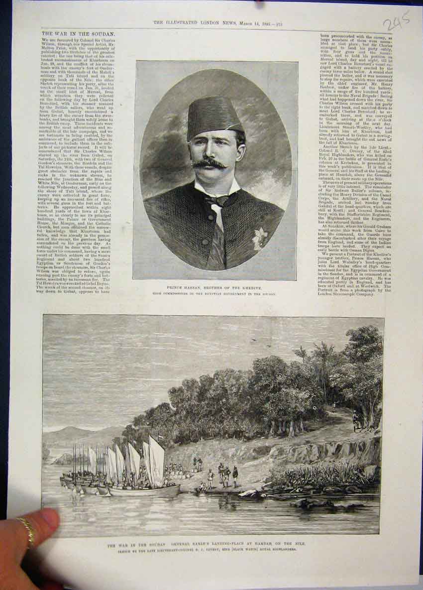 Old Antique Print 1885 Prince Hassan War Soudan General Earle Hamdab Nile 19th