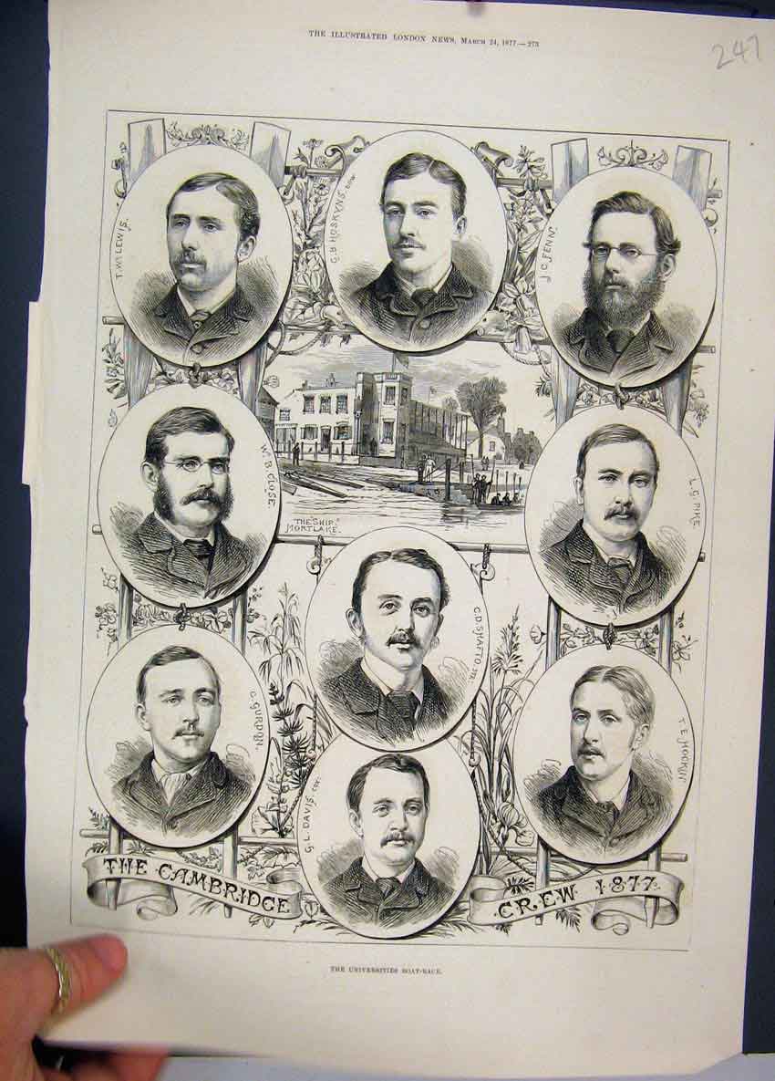 Original Old Antique Print 1877 Universities Boat Race Cambridge Crew Portraits