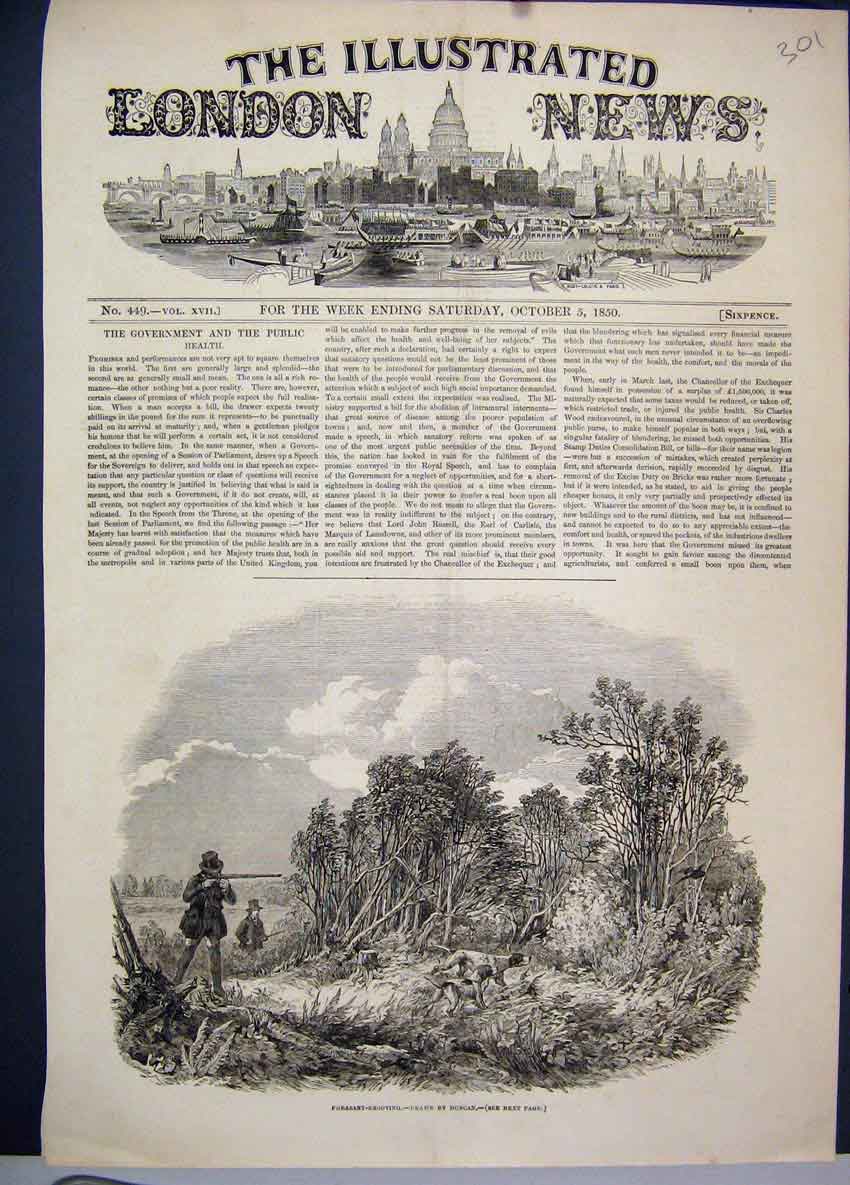 Original Old Antique Print 1850 Pheasant Shooting Dogs Gun Country Scene 19th