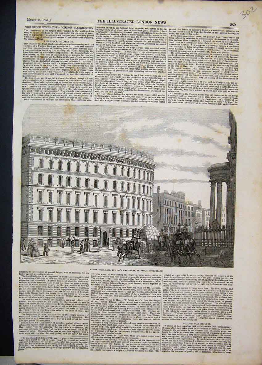Original Old Antique Print 1854 Cook Warehouse Building Pauls Churchyard 19th