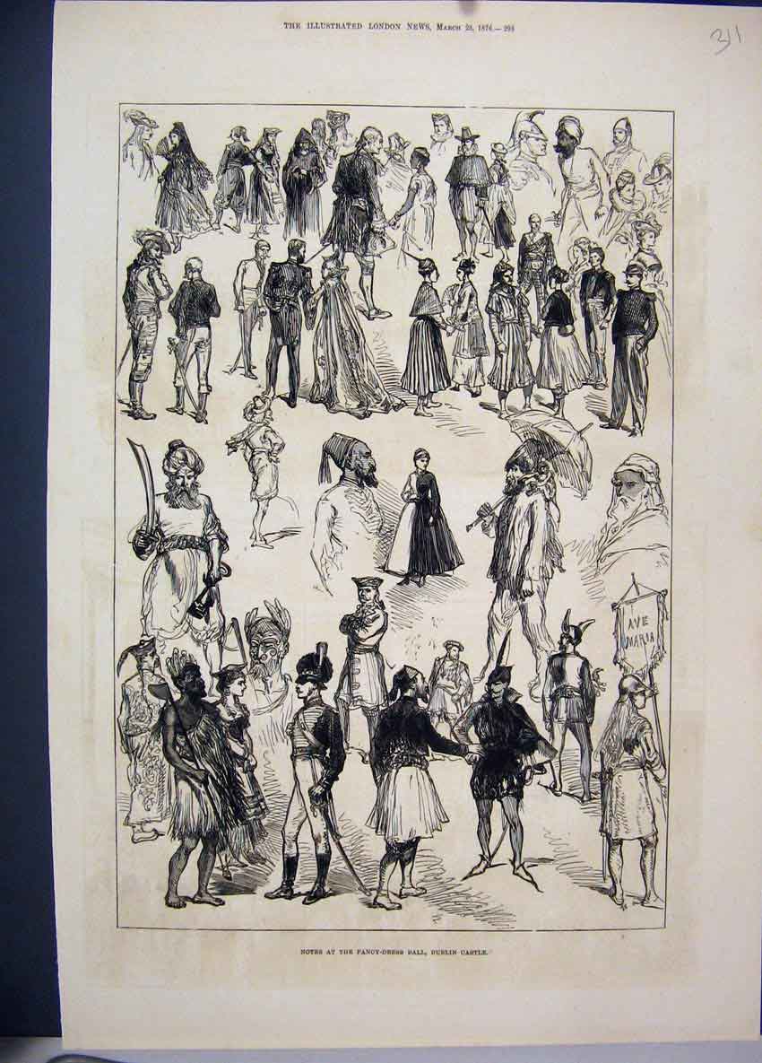 Original Old Antique Print 1876 Fancy Dress Ball Dublin Castle Ireland 19th