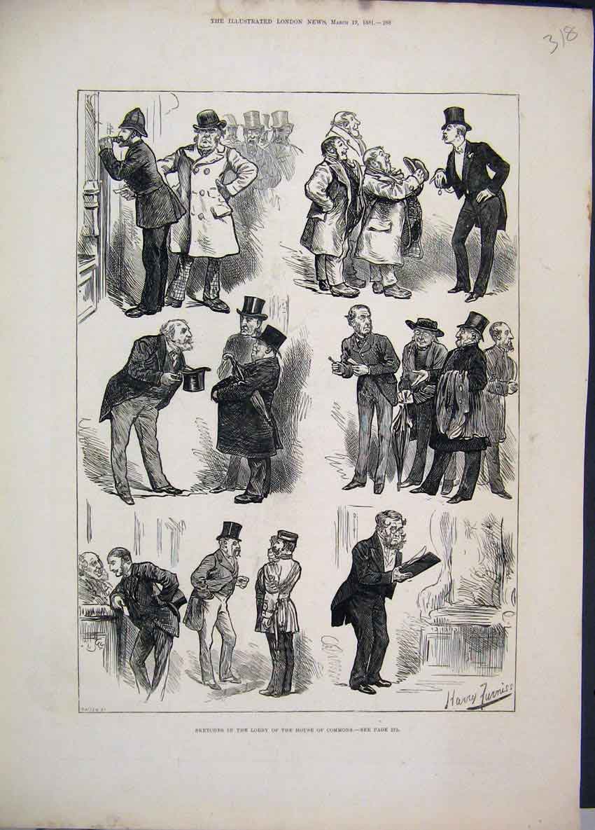 Original Old Antique Print 1881 Lobby House Commons Policeman Men Work Sketches