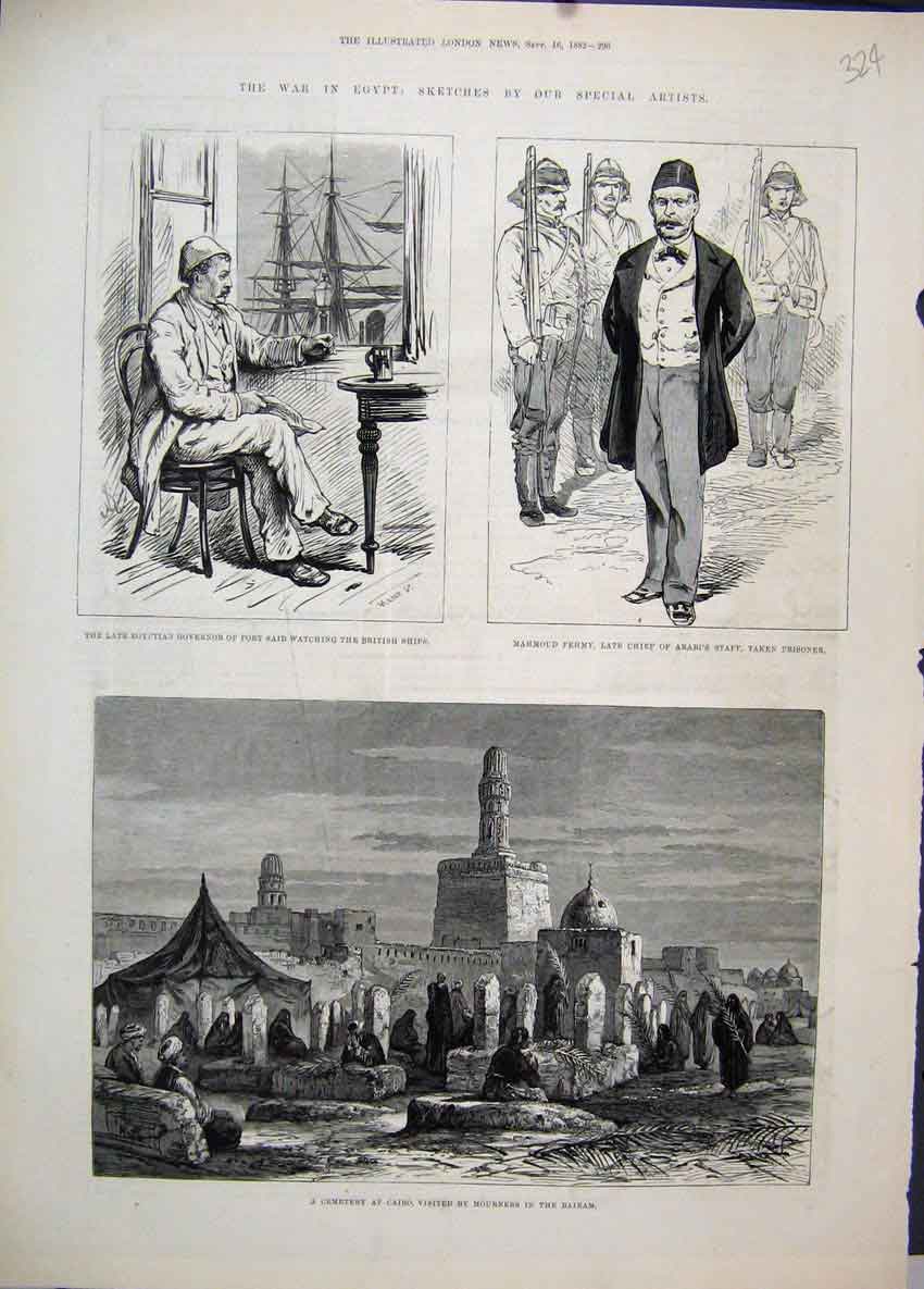 Original Old Antique Print 1882 War Egypt Cemetary Cairo Mahmoud Fehmy Ships