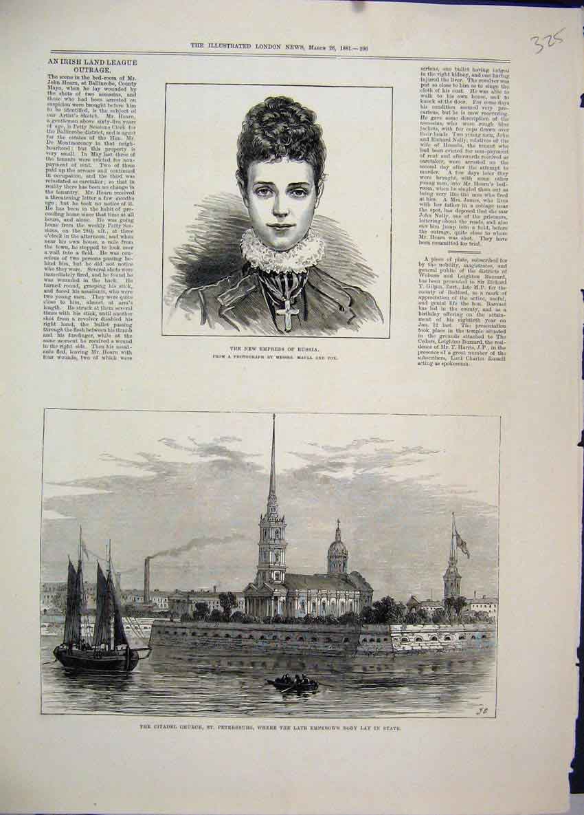 Original Old Antique Print 1881 Citadel Church Petersburg Ships Empress Russia