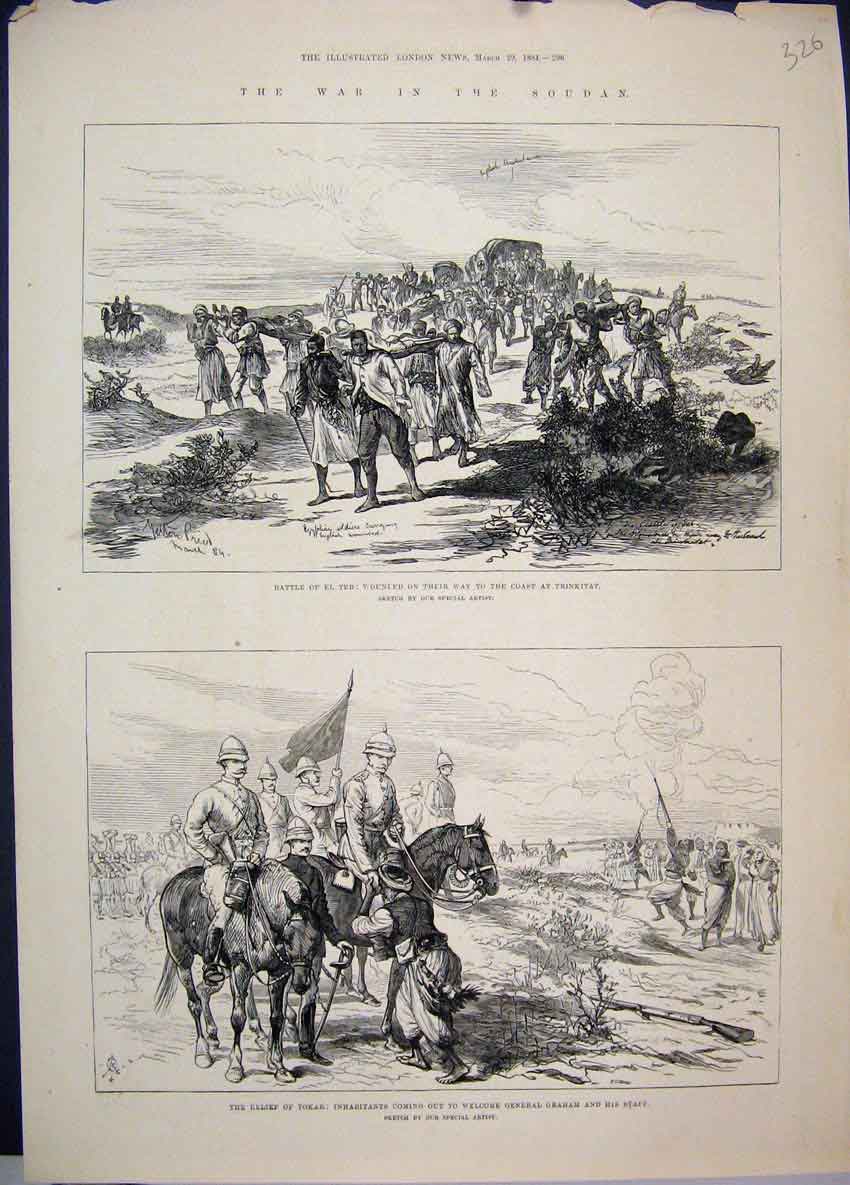 Old Antique Print 1884 War Soudan Relief Tokar General Graham Teb Sketch 19th