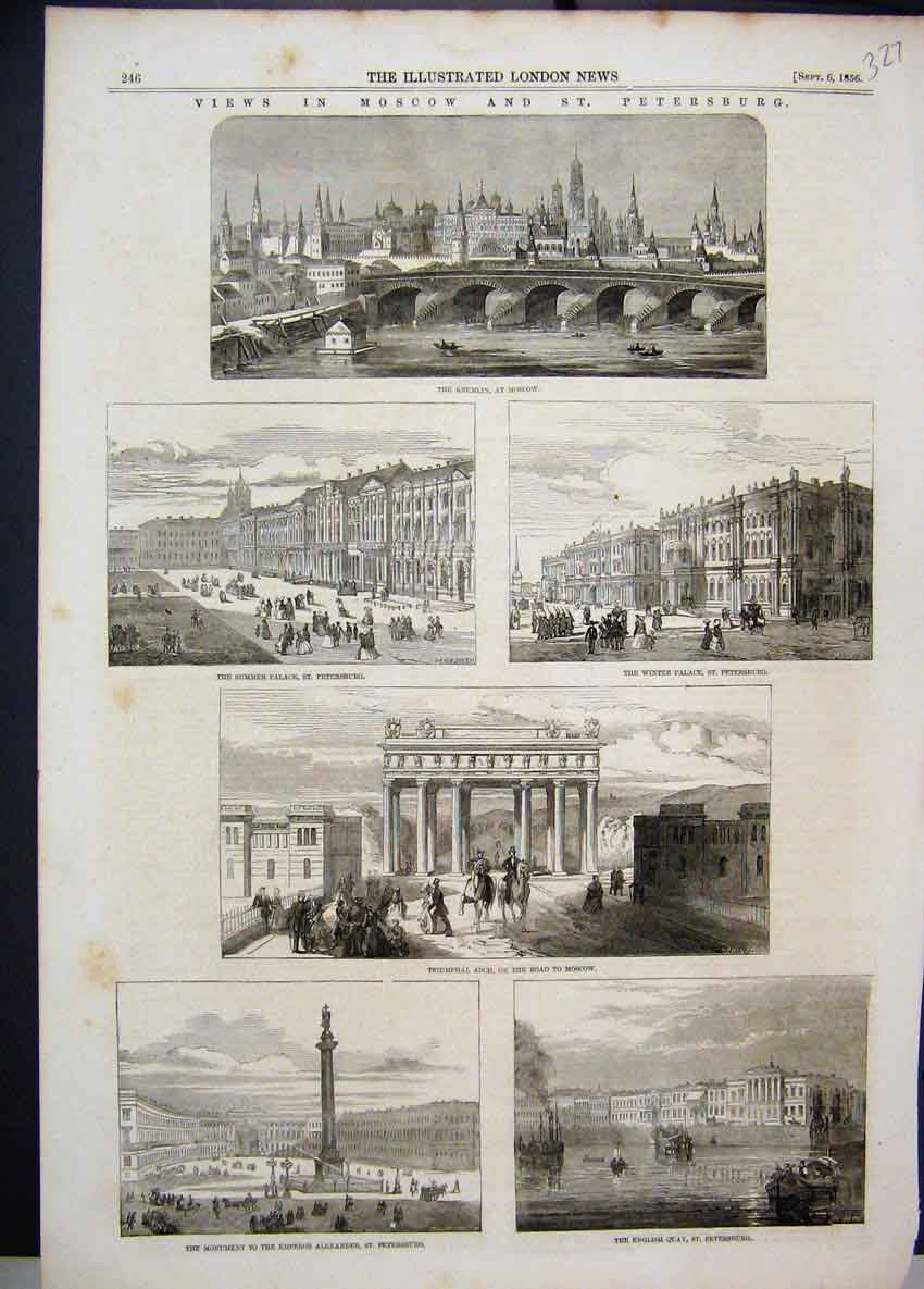 Old Antique Print 1856 Moscow Kremlin Summer Palace Triumphal Arch Quay 19th