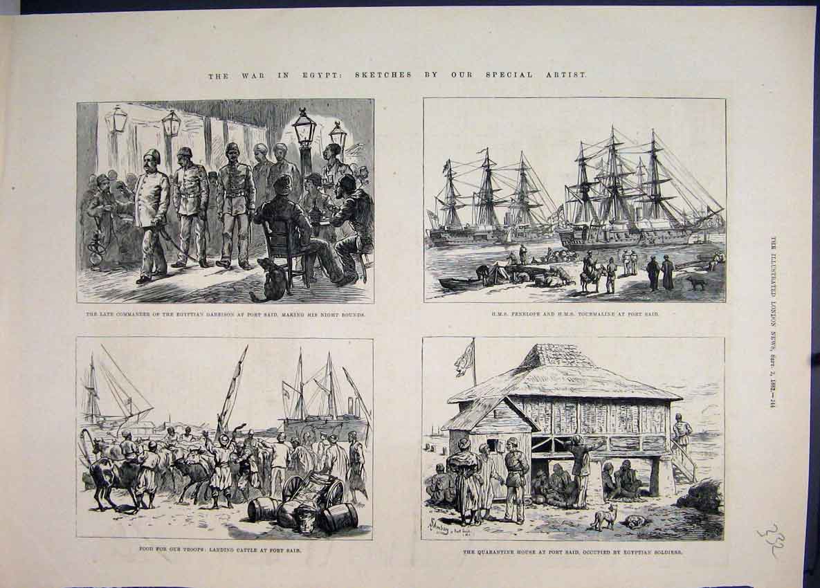 Original Old Antique Print 1882 War Egypt Ships Cattle Port Said Garrison Siers