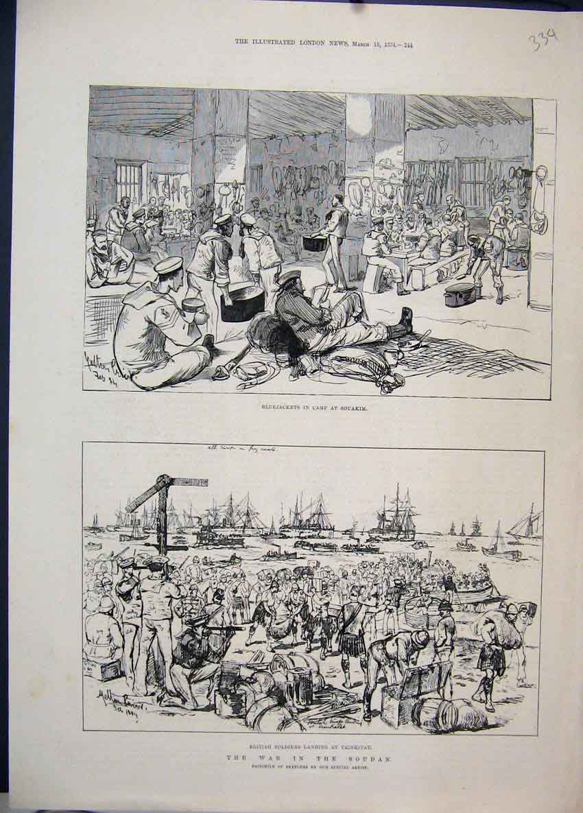 Old Antique Print 1884 Bluejackets Camp Souakim War Soudan British Sketch 19th