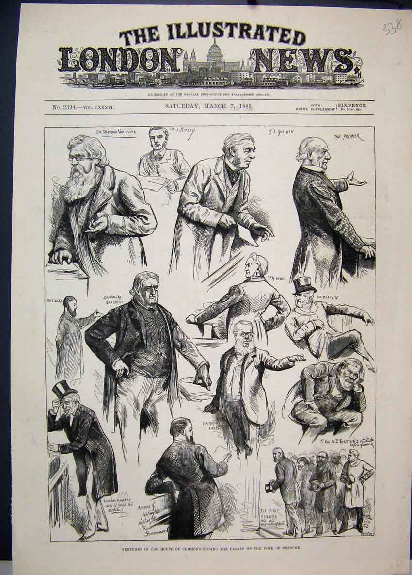 Original Old Antique Print 1885 House Commons Debate Vote Censure Sketch 19th